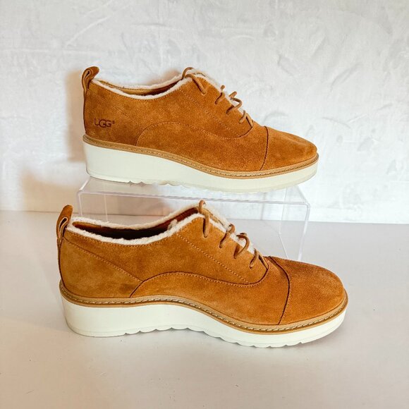 UGG Johanna Spill Seam Loafer Oxford Size 9 Suede Chestnut Wedge - Picture 1 of 13